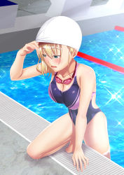 Rule 34 | 1girl, bare arms, bare shoulders, blonde hair, blue eyes, blue one-piece swimsuit, blush, breasts, chain-link fence, cleavage, commentary request, competition school swimsuit, competition swimsuit, fence, goggles, unworn goggles, highres, indoors, lane line, large breasts, one-piece swimsuit, original, pool, poolside, school swimsuit, short hair, solo, swim cap, unworn swim cap, swimsuit, water, wet, zaregoto tsukai no deshi