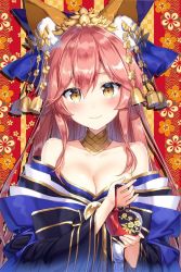 Rule 34 | 1girl, animal ear fluff, animal ears, bell, blush, breasts, choker, cleavage, closed mouth, fate/grand order, fate (series), fox ears, hair between eyes, hair ribbon, head tilt, holding, large breasts, long hair, looking at viewer, masuishi kinoto, official alternate costume, pink hair, ribbon, smile, solo, tamamo (fate), tamamo no mae (fate/extra), tamamo no mae (third ascension) (fate), teapot, very long hair, yellow eyes