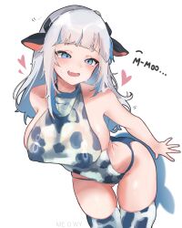 Rule 34 | 1girl, absurdres, alternate breast size, alternate costume, animal ears, animal print, ass, blue eyes, blue hair, blue nails, blush, breasts, cow ears, cow print, english text, fins, fish tail, gawr gura, grey hair, heart, highres, hololive, hololive english, large breasts, looking at viewer, me o wy, medium hair, multicolored hair, shark girl, shark tail, solo, streaked hair, sweatdrop, tail, virtual youtuber