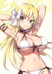 Rule 34 | 1girl, arm strap, armpits, arms behind head, arms up, bikini, black ribbon, blonde hair, blue eyes, bow, breasts, cleavage, closed mouth, collarbone, cowboy shot, criss-cross halter, front-tie bikini top, front-tie top, gradient background, hair bow, hairband, halterneck, highres, hisasi, irodorimidori, large breasts, long hair, looking at viewer, navel, ogata arishiana, ribbon, side-tie bikini bottom, smile, solo, stomach, swimsuit, very long hair, white background, white bikini, white bow, white hairband, yellow background
