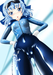 Rule 34 | 1girl, blue bow, blue eyes, blue hair, blush, bodysuit, breasts, cameltoe, cirno, eyewear on head, fat mons, from below, full-length zipper, gloves, hair bow, hands on own hips, highres, latex, looking down, matching hair/eyes, short hair, skin tight, small breasts, snowflake print, snowflakes, solo, speed skating, sunglasses, tamakko, touhou, white gloves, zipper