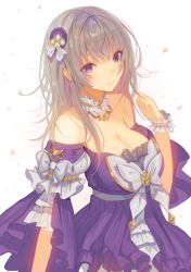 Rule 34 | 1girl, bad id, bad pixiv id, bare shoulders, bow, breasts, cleavage, closed mouth, detached collar, dress, frilled dress, frills, hair ornament, hand up, large breasts, light smile, lloule, long hair, looking at viewer, medium sleeves, original, purple dress, purple eyes, scrunchie, silver hair, simple background, solo, standing, white background, white bow, white scrunchie, wrist scrunchie