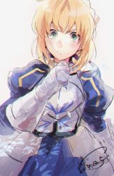 Rule 34 | 1girl, 2014, arm at side, armor, armored dress, artoria pendragon (all), artoria pendragon (fate), blonde hair, blue dress, blush, braid, breastplate, chromatic aberration, closed mouth, dated, dress, eyebrows, fate/stay night, fate (series), french braid, frown, gauntlets, green eyes, hand up, long sleeves, looking at viewer, medu (rubish), puffy long sleeves, puffy sleeves, saber (fate), short hair, sidelocks, single braid, solo