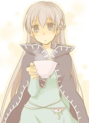 Rule 34 | 1girl, belly chain, blue dress, cape, cloak, cup, dress, fire emblem, fire emblem: the binding blade, holding, holding cup, jewelry, long hair, looking at viewer, nintendo, purple eyes, purple hair, serina ranshi, simple background, solo, sophia (fire emblem), very long hair, white background