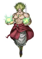 Rule 34 | 1boy, abs, absurdres, blank eyes, broly (dragon ball z), crazy grin, dragon ball, dragonball z, energy ball, green hair, highres, hydeover9000, legendary super saiyan, male focus, muscular, muscular male, nipples, pants, pectorals, simple background, solo, super saiyan, topless male, white background, white pants