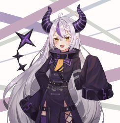 Rule 34 | 1girl, ahoge, ascot, belt, blush, braid, braided bangs, collar, commentary, cross-laced slit, demon horns, dress, fangs, grey hair, hand on own hip, highres, hololive, horns, la+ darknesss, la+ darknesss (1st costume), long hair, looking at viewer, metal collar, multicolored hair, open mouth, pointy ears, prock, purple hair, single thighhigh, sleeves past wrists, smile, solo, streaked hair, thighhighs, v-shaped eyebrows, very long hair, virtual youtuber, yellow eyes