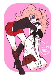 Rule 34 | 2girls, arms on head, bear hair ornament, bent over, black bow, black footwear, black hair, black ribbon, black shirt, blonde hair, blush, boots, bow, brown skirt, calf boots, closed mouth, crossed arms, danganronpa: trigger happy havoc, danganronpa (series), ears, enoshima junko, eyelashes, female focus, freckles, hair ornament, happy birthday, heart, high heel boots, high heels, ikusaba mukuro, incest, kneeling, leaning back, leaning on person, long sleeves, looking at another, looking at viewer, multiple girls, bowtie, neck ribbon, open mouth, pink background, pleated skirt, purple eyes, red skirt, ribbon, shirt, short sleeves, siblings, simple background, sisters, skirt, smile, twincest, twins, twintails, white background, white shirt, yuri