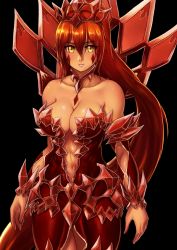 Rule 34 | 1girl, alternate color, bare shoulders, black background, breasts, collarbone, commentary request, cowboy shot, crown, detached sleeves, elemental (creature), eyes visible through hair, facial mark, finalcake, hair between eyes, highres, ice elemental, ice queen (monster girl encyclopedia), long hair, looking at viewer, medium breasts, monster girl encyclopedia, navel, parted lips, red hair, simple background, solo, very long hair, yellow eyes