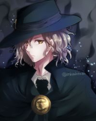 Rule 34 | 1boy, black necktie, blonde hair, cape, closed mouth, collared shirt, edmond dantes (fate), fate/grand order, fate (series), hair between eyes, hat, highres, looking at viewer, male focus, necktie, purple background, shirt, solo, tanaji, top hat, twitter username, upper body, white shirt, yellow eyes