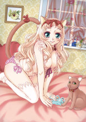 Rule 34 | 1girl, animal ears, aqua eyes, blonde hair, breasts, cat, cat ears, cat girl, cat tail, flower, highres, large breasts, lingerie, looking at viewer, navel, negligee, night, original, panties, poyamu, red ribbon, ribbon, smile, solo, striped clothes, striped panties, stuffed animal, stuffed mouse, stuffed toy, tail, tail ornament, tail ribbon, thighhighs, underwear, white thighhighs, window