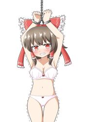 Rule 34 | 1girl, @ @, alternate costume, armpits, bdsm, blush, bondage, bound, bow, bra, breasts, brown hair, chain, cleavage, clenched teeth, commentary, cuffs, frilled bow, frilled hair tubes, frills, hair bow, hair tubes, hakurei reimu, handcuffs, highres, long hair, looking at viewer, medium breasts, panties, pink bra, pink panties, red eyes, ribbon panties, simple background, solo, tears, teeth, touhou, trembling, underwear, white background, zenji029