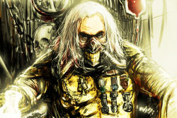 Rule 34 | 1boy, armor, blood, blood bag, bottle, chain, commentary request, immortan joe, long hair, looking at viewer, mad max, mad max: fury road, male focus, mask, medal, mouth mask, old, old man, otemoto (baaaaloooo), skull, solo, upper body, white hair