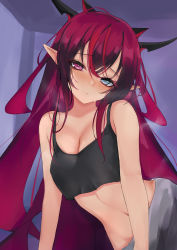 Rule 34 | 1girl, absurdres, alternate costume, black tank top, blue eyes, blush, breasts, breath, cleavage, commentary, cowboy shot, crop top, demon horns, hair between eyes, head tilt, heavy breathing, heterochromia, highres, hololive, hololive english, horns, irys (hololive), long hair, looking at viewer, medium breasts, multicolored hair, navel, pointy ears, purple eyes, purple hair, red hair, rifufu, sleeveless, solo, stomach, sweat, tank top, two-tone hair, very long hair, virtual youtuber