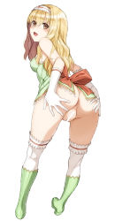Rule 34 | 1girl, anus, ass, bar censor, blonde hair, blush, boots, bottomless, censored, character request, elbow gloves, frilled thighhighs, frills, gloves, green footwear, hairband, knee boots, long hair, looking at viewer, mokke (mokke99), open mouth, presenting, presenting anus, presenting pussy, shining (series), shining blade, simple background, solo, spread ass, thighhighs, white background, white gloves, white thighhighs