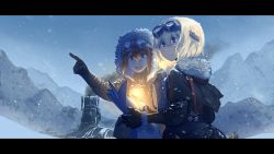 Rule 34 | 2girls, blonde hair, brown hair, commentary, erica (naze1940), frostpunk, fur trim, goggles, goggles on head, highres, holding, hood, hood up, lantern, letterboxed, multiple girls, original, outdoors, paper, pointing, snow, snowing, winter clothes