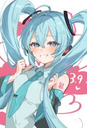 Rule 34 | 1girl, 39, aqua eyes, aqua hair, aqua necktie, aqua trim, bare shoulders, black sleeves, blush, breasts, collared shirt, detached sleeves, grey shirt, grin, hair between eyes, hair ornament, hashtag-only commentary, hatsune miku, headset, heart, highres, holding, holding hair, long hair, looking at viewer, medium breasts, miku day, necktie, number tattoo, paragasu (parags112), shirt, sidelocks, sleeveless, sleeveless shirt, smile, solo, tattoo, tie clip, twintails, two-tone background, upper body, very long hair, vocaloid, w arms, white background, wide sleeves