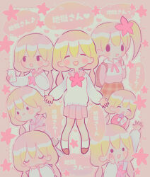 Rule 34 | 1girl, :d, alternate hairstyle, arm up, backpack, bag, black eyes, blonde hair, blush, blush stickers, chimimo, closed eyes, holding, holding microphone, holding phone, index finger raised, jvhamkuro, leaf, microphone, multiple views, onigami mei, open mouth, phone, pink background, pink hair, plaid, plaid skirt, pout, red skirt, sash, school uniform, shirt, skirt, smile, tearing up, translation request, waving, white shirt