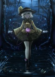 Rule 34 | 1girl, female focus, glowing, glowing eye, green eyes, hat, heart, heart of string, highres, komeiji koishi, light smile, night, open mouth, outstretched arms, short hair, silver hair, solo, spread arms, standing, third eye, touhou, tree, vetina, walking, walking on liquid