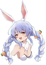 Rule 34 | 1girl, :d, absurdres, animal ear fluff, animal ears, bare shoulders, blue hair, blush, bow, braid, breasts, carrot hair ornament, cleavage, close-up, commentary request, cropped arms, cropped torso, don-chan (usada pekora), eyelashes, food-themed hair ornament, hair between eyes, hair bow, hair ornament, head tilt, highres, hololive, long hair, looking at viewer, medium breasts, multicolored hair, nishizuki shino, open mouth, orange eyes, rabbit-shaped pupils, rabbit ears, rabbit girl, scarf, short eyebrows, sidelocks, simple background, smile, solo, symbol-shaped pupils, teeth, thick eyebrows, tsurime, twin braids, two-tone hair, upper body, upper teeth only, usada pekora, usada pekora (1st costume), v-shaped eyebrows, virtual youtuber, white background, white bow, white scarf