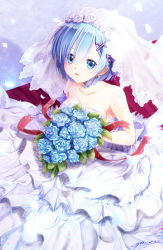 Rule 34 | 10s, 1girl, 2016, :d, bare arms, bare shoulders, blue eyes, blue flower, blue hair, blue rose, blush, bouquet, bridal veil, bride, collarbone, dated, dress, eyelashes, eyes visible through hair, flower, glowing, hair flower, hair ornament, hair over one eye, hair ribbon, hairband, happy, highres, holding, holding bouquet, lace, layered dress, leaf, long dress, looking at viewer, matching hair/eyes, open mouth, petals, purple ribbon, re:zero kara hajimeru isekai seikatsu, red ribbon, rem (re:zero), ribbon, rose, short hair, signature, smile, solo, strapless, strapless dress, veil, wedding dress, white dress, white flower, white rose, x hair ornament, yuitsuki1206