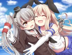 Rule 34 | 10s, 2girls, :d, ^ ^, amatsukaze (kancolle), anchor hair ornament, bare shoulders, black panties, blonde hair, blue skirt, blue sky, blush, brown dress, brown eyes, buttons, chain, choker, closed eyes, cloud, cloudy sky, collarbone, crop top, day, dress, elbow gloves, fang, gloves, hair between eyes, hair ornament, hair tubes, hairband, happy, highleg, highleg panties, hug, kantai collection, lifebuoy, long hair, long sleeves, miniskirt, multiple girls, one eye closed, open mouth, outdoors, panties, pleated skirt, sailor collar, sailor dress, school uniform, serafuku, shimakaze (kancolle), silver hair, single glove, skirt, sky, sleeveless, smile, superpig, superpig (wlstjqdla), swim ring, two side up, underwear, white gloves