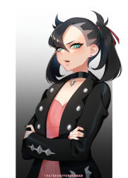 Rule 34 | 1girl, aqua eyes, asymmetrical hair, black hair, black jacket, black nails, breasts, choker, cleavage, creatures (company), crossed arms, dress, earrings, game freak, hair ribbon, half-closed eyes, jacket, jewelry, long sleeves, looking at viewer, marnie (pokemon), nail polish, nintendo, open clothes, open mouth, patreon username, pink dress, pokemon, pokemon swsh, ribbon, short twintails, solo, tofuubear, twintails