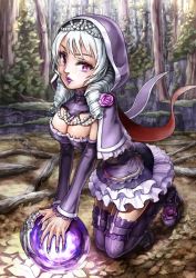 Rule 34 | 1girl, breasts, cleavage, detached sleeves, drill hair, forest, garter straps, gothic lolita, high heels, hood, lipstick, lolita fashion, makeup, namco, nature, purple eyes, purple lips, solo, soul calibur, soulcalibur, soulcalibur v, thighhighs, twin drills, viola (soulcalibur), white hair