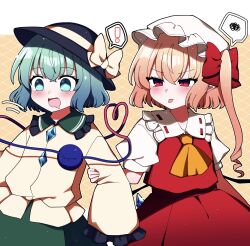 Rule 34 | !, 2girls, black headwear, blonde hair, blush, buttons, collared shirt, crystal, diamond button, drooling, flandre scarlet, frilled shirt collar, frilled sleeves, frills, green eyes, green hair, green skirt, hair between eyes, hat, hat ribbon, heart, heart of string, highres, komeiji koishi, long hair, mob cap, mouth drool, multiple girls, one side up, open mouth, pointy ears, puffy short sleeves, puffy sleeves, red eyes, red skirt, red vest, ribbon, shirt, short hair, short sleeves, skirt, sleeves past fingers, sleeves past wrists, smile, spoken exclamation mark, spoken squiggle, squiggle, third eye, tongue, tongue out, touhou, vest, white headwear, white shirt, wide sleeves, wings, yellow ribbon, yellow shirt, you (noanoamoemoe)