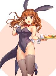 Rule 34 | 10s, 1girl, animal ears, black leotard, blue footwear, blunt bangs, bow, bowtie, breasts, cleavage, coattails, commentary request, cowboy shot, detached collar, fake animal ears, food, girls und panzer, glass, gluteal fold, highres, holding, icomochi, lace, lace-trimmed legwear, lace trim, leotard, long hair, looking at viewer, medium breasts, orange eyes, orange hair, playboy bunny, rabbit ears, red bow, red bowtie, see-through, see-through legwear, shoes, solo, standing, strapless, strapless leotard, takebe saori, thigh gap, thighhighs, tray, water, wrist cuffs