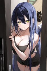 Rule 34 | 1girl, absurdres, animal, animal ears, bare arms, black hair, black tank top, blush, breasts, cat, cat ears, cat tail, cleavage, collarbone, crop top, door, door lock, dot nose, ears visible through hair, eyelashes, hair between eyes, highres, indoors, kuro (rudyan0128), large breasts, leaning forward, long hair, looking at viewer, midriff, multiple tails, open door, open mouth, original, parted lips, pet, raised eyebrows, short shorts, shorts, sitting, solo, solo focus, swept bangs, tail, tank top, tatami, thick eyelashes, thighs, very long hair, wooden floor, yellow eyes