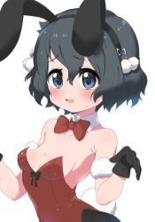Rule 34 | 1girl, alternate costume, animal ears, bare shoulders, black gloves, black hair, black pantyhose, blue eyes, blush, bow, bowtie, bunny day, collar, commentary request, cowboy shot, detached collar, fake animal ears, gloves, kaban (kemono friends), kemono friends, leotard, no headwear, pantyhose, playboy bunny, rabbit ears, ransusan, red bow, red bowtie, red leotard, shiny clothes, short hair, sleeveless, solo, white collar