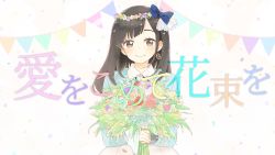 Rule 34 | 1girl, black eyes, black hair, blue bow, blue jacket, blush, bouquet, bow, collared dress, dress, earrings, flower, flower wreath, hair bow, hanabasami kyou, head wreath, highres, holding, holding bouquet, jacket, jewelry, leaf, long hair, long sleeves, looking at viewer, madam s, official art, re:act, second-party source, single earring, smile, solo, song name, swept bangs, upper body, virtual youtuber, white background, wreath