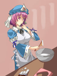 Rule 34 | 1girl, apron, breasts, candy, chocolate, chocolate bar, chocolate making, cup, female focus, finger in own mouth, food, hat, highres, japanese clothes, pink eyes, pink hair, saigyouji yuyuko, short hair, solo, spatula, touhou, triangular headpiece, white chocolate, yet you