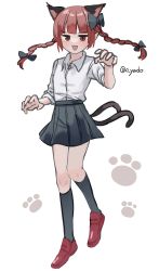 Rule 34 | 1girl, absurdres, alternate costume, animal ears, bow, braid, cat ears, cat tail, claw pose, extra ears, highres, kaenbyou rin, multiple tails, nekomata, open mouth, paw print, pointy ears, red eyes, red footwear, red hair, shirt, simple background, slit pupils, solo, tail, touhou, twin braids, white background, white shirt, yadoyuki