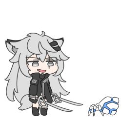 Rule 34 | 1girl, :d, animal ears, antenna hair, arknights, basukechi, black coat, black footwear, boots, chibi, coat, fang, full body, grey eyes, grey hair, hair between eyes, hair ornament, hairpin, highres, holding, holding sword, holding weapon, lappland (arknights), long hair, long sleeves, looking at another, open mouth, originium arts (arknights), scar, scar across eye, scar on face, simple background, smile, sword, sword art online, tail, v-shaped eyebrows, weapon, white background, wolf ears, wolf girl, wolf tail