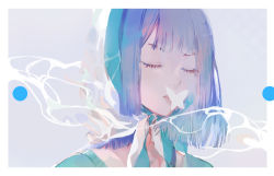 Rule 34 | 1girl, aqua sweater, blue scarf, border, bug, butterfly, circle, closed eyes, commentary, covered mouth, english commentary, grey background, head scarf, insect, original, purple hair, scarf, short hair, sleepless (wrysmile), smoke, solo, sweater, upper body, white border, white butterfly, white scarf