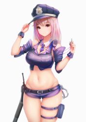 Rule 34 | 1girl, absurdres, adjusting clothes, adjusting headwear, baton, between breasts, blouse, blue hair, blush, breasts, cowboy shot, crop top, detached collar, detached sleeves, dori (9720xyz), gun, handgun, hat, highres, holding, holding whistle, holstered, large breasts, long hair, looking at viewer, multicolored hair, navel, necktie, necktie between breasts, original, pink hair, police, police uniform, policewoman, pouch, purple eyes, purple necktie, purple shirt, purple shorts, radio, shirt, short shorts, shorts, sidelocks, skindentation, smile, solo, stomach, thigh strap, uniform, weapon, whistle, wrist cuffs