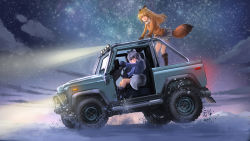 Rule 34 | 10s, 2girls, :d, animal ears, black footwear, black gloves, blazer, blonde hair, boots, bow, brown eyes, car, closed mouth, driving, ezo red fox (kemono friends), fox ears, fox tail, from side, fur trim, gloves, highres, jacket, jeep, kemono friends, koenigsegg, long hair, long sleeves, motor vehicle, multiple girls, night, night sky, open mouth, outdoors, pleated skirt, silver fox (kemono friends), silver hair, sitting, skirt, sky, smile, snow, sports utility vehicle, standing, star (sky), starry sky, tail, vehicle, vehicle focus, white bow, white skirt
