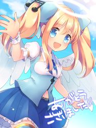 Rule 34 | 1girl, :d, angel wings, blonde hair, blue bow, blue eyes, blue ribbon, blue skirt, bow, cloud, commentary request, day, fortissimo, freyja wion, hair bow, hair ornament, halo, looking at viewer, musical note, musical note hair ornament, navel, neck ribbon, open mouth, outdoors, ribbon, sen1986, short sleeves, sidelocks, skirt, smile, solo, translation request, twintails, valhalla valkyries, white wings, wings, wrist cuffs
