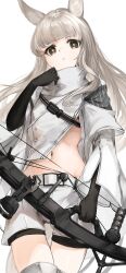 Rule 34 | 1girl, absurdres, animal ears, arknights, black gloves, bow (weapon), commentary, cowboy shot, gloves, grey eyes, grey hair, highres, holding, holding bow (weapon), holding weapon, horse ears, jacket, kajuu, long hair, long sleeves, looking at viewer, midriff, navel, parted lips, platinum (arknights), shorts, simple background, solo, standing, stomach, thighs, very long hair, weapon, white background, white jacket, white shorts, wide sleeves