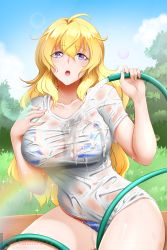 Rule 34 | 1girl, ahoge, bikini, blonde hair, breasts, grass, highres, hose, kimmy77, large breasts, long hair, open mouth, purple eyes, rwby, shirt, sky, solo, swimsuit, thighs, water, wet, wet clothes, white shirt, yang xiao long
