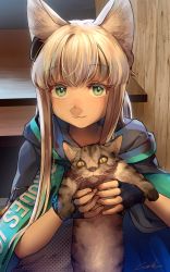 Rule 34 | 1girl, :3, absurdres, animal, animal ears, arknights, black cape, black gloves, black wristband, cape, cat, cat ears, earpiece, fingerless gloves, gloves, green eyes, grey hair, highres, holding, holding animal, holding cat, infection monitor (arknights), long hair, looking at viewer, rosmontis (arknights), shirt, sidelocks, signature, sitting, smile, solo, upper body, welt (kinsei koutenkyoku), white shirt