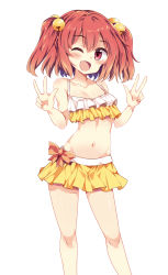 Rule 34 | 1girl, bell, bikini, bikini skirt, blush, collarbone, commentary request, double v, feet out of frame, hair bell, hair ornament, highres, jingle bell, looking at viewer, maturiuta sorato, motoori kosuzu, navel, one eye closed, open mouth, red eyes, red hair, simple background, smile, solo, standing, swimsuit, touhou, two side up, v, white background, yellow bikini