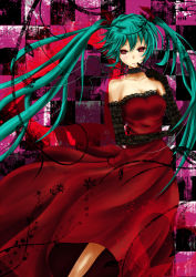 Rule 34 | 1girl, aqua hair, bad id, bad pixiv id, bare shoulders, choker, dress, elbow gloves, female focus, gloves, hatsune miku, long hair, red dress, red eyes, smile, solo, strapless, strapless dress, twintails, vocaloid, yutaro5313
