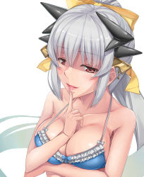 Rule 34 | 1girl, bow, breast hold, breasts, cleavage, fate/grand order, fate (series), finger to mouth, hair between eyes, hair bow, hair ornament, horns, kiyohime (fate), kiyohime (fate/grand order), kiyohime (swimsuit lancer) (fate), kiyohime (swimsuit lancer) (third ascension) (fate), large breasts, long hair, morishi, ponytail, red eyes, silver hair, solo