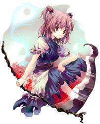 Rule 34 | 1girl, alternate weapon, blue dress, coin, dress, female focus, flower, hair bobbles, hair ornament, hitodama, onozuka komachi, pink hair, puffy short sleeves, puffy sleeves, red eyes, red hair, scythe, short hair, short sleeves, sitting, solo, spider lily, touhou, twintails, two side up, weapon, yamamoto nori
