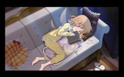 Rule 34 | 1girl, barefoot, birijian, book, bow, brown bow, brown hair, closed mouth, couch, crescent, drill hair, fairy wings, glasses, holding, holding book, indoors, long sleeves, luna child, lying, on side, pillow, reading, red bow, red eyes, short hair, sleepwear, slippers, smile, solo, touhou, wings, wooden floor