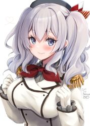 Rule 34 | 1girl, absurdres, beret, black hat, blue eyes, breasts, buttons, closed mouth, commentary request, epaulettes, gloves, grey hair, hands up, hat, highres, jacket, kantai collection, kashima (kancolle), large breasts, long sleeves, looking at viewer, mashiro yukiya, military jacket, neckerchief, red neckerchief, smile, solo, twintails, upper body, wavy hair, white background, white gloves, white jacket