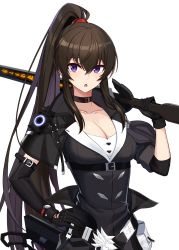 Rule 34 | 1girl, :o, absurdres, asymmetrical gloves, belt, black belt, black capelet, black gloves, black shirt, breasts, brown hair, capelet, choker, cleavage, collarbone, collared capelet, commentary request, counter:side, dlarudgml21, elbow gloves, eyebrows hidden by hair, gloves, glowing, gun, hair between eyes, hand on own hip, hand up, high belt, high ponytail, highres, holding, holding sword, holding weapon, korean commentary, long hair, looking at viewer, loose belt, medium breasts, over shoulder, pouch, purple eyes, runes, shirt, sidelocks, simple background, single elbow glove, solo, sword, sword over shoulder, uneven gloves, upper body, very long hair, watch, weapon, weapon over shoulder, white background, wristwatch, yoo mina