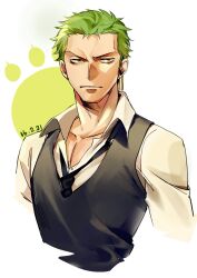 Rule 34 | 1boy, alternate costume, black necktie, closed mouth, commentary, dated, earrings, english commentary, green hair, jewelry, male focus, necktie, one piece, roronoa zoro, shirt, short hair, single earring, solo, tobu (bilibil), white shirt, yellow eyes